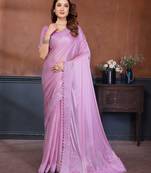 Pink lycra dudrop polka dot lace embroiderd saree with matching blouse piece