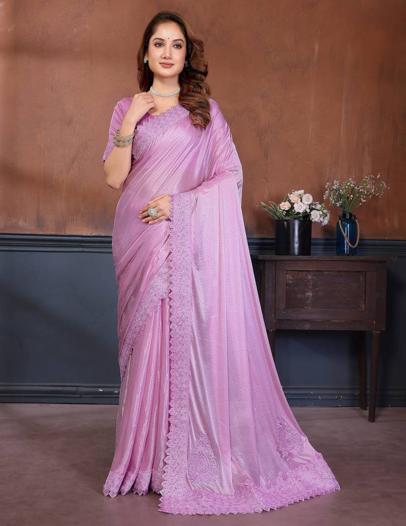 Pink lycra dudrop polka dot lace embroiderd saree with matching blouse piece