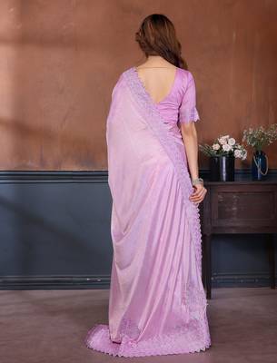 Pink lycra dudrop polka dot lace embroiderd saree with matching blouse piece 2