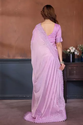 Pink lycra dudrop polka dot lace embroiderd saree with matching blouse piece