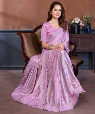 Pink lycra dudrop polka dot lace embroiderd saree with matching blouse piece 4