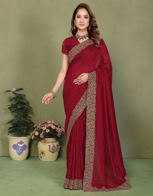 Maroon vichitra silk embroiderd jari work saree with matching blouse piece 1