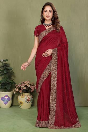 Maroon vichitra silk embroiderd jari work saree with matching blouse piece