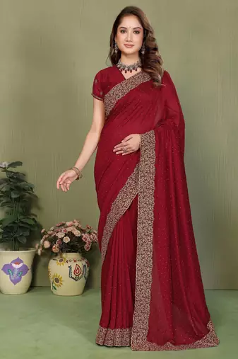 Maroon vichitra silk embroiderd jari work saree with matching blouse piece