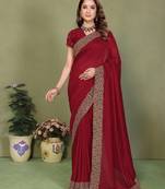 Maroon vichitra silk embroiderd jari work saree with matching blouse piece