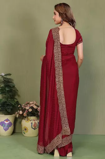 Maroon vichitra silk embroiderd jari work saree with matching blouse piece