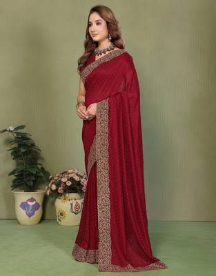 Maroon vichitra silk embroiderd jari work saree with matching blouse piece 3