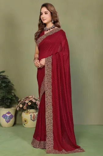 Maroon vichitra silk embroiderd jari work saree with matching blouse piece
