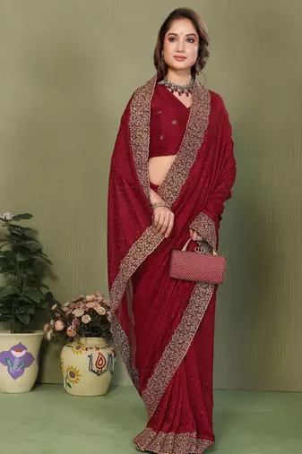 Maroon vichitra silk embroiderd jari work saree with matching blouse piece