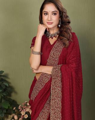 Maroon vichitra silk embroiderd jari work saree with matching blouse piece 5
