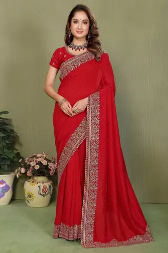 Red vichitra silk embroiderd jari work saree with matching blouse piece