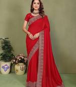 Red vichitra silk embroiderd jari work saree with matching blouse piece