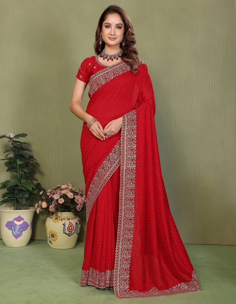 Red vichitra silk embroiderd jari work saree with matching blouse piece