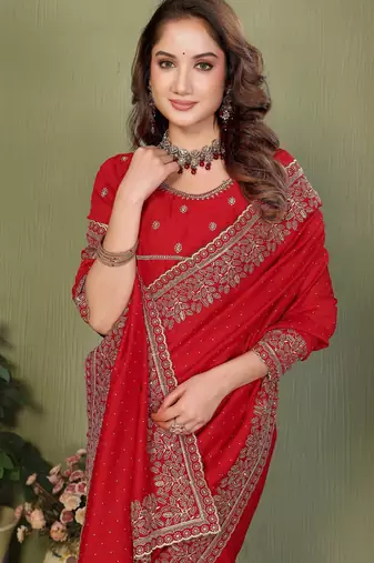 Red vichitra silk embroiderd jari work saree with matching blouse piece