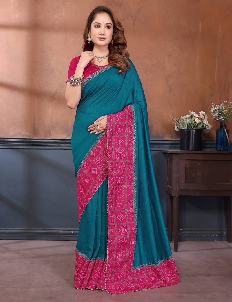 Teal vichitra silk bandhani patta stone work saree with contrast blouse piece