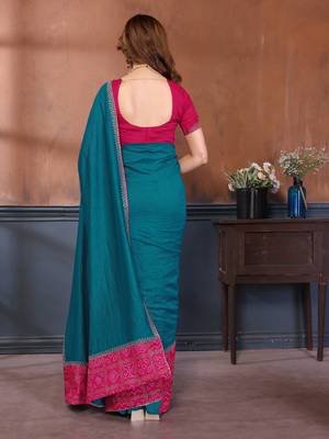 Teal vichitra silk bandhani patta stone work saree with contrast blouse piece 2
