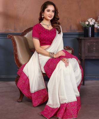 White vichitra silk bandhani patta stone work saree with contrast blouse piece 4