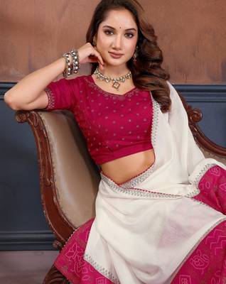 White vichitra silk bandhani patta stone work saree with contrast blouse piece 5