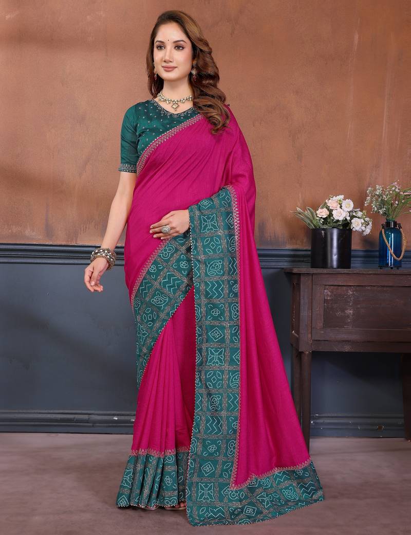 Pink vichitra silk bandhani patta stone work saree with contrast blouse piece