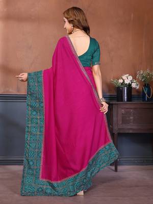 Pink vichitra silk bandhani patta stone work saree with contrast blouse piece 2