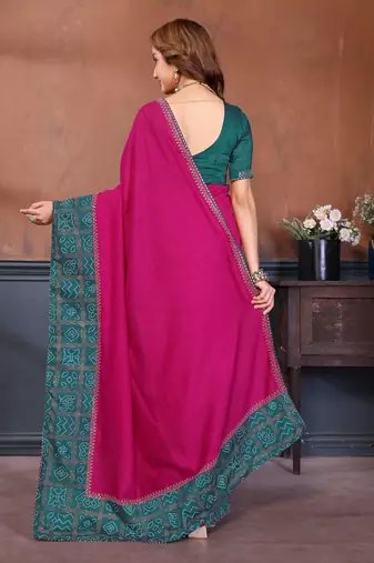 Pink vichitra silk bandhani patta stone work saree with contrast blouse piece