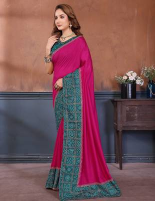 Pink vichitra silk bandhani patta stone work saree with contrast blouse piece 3