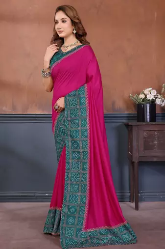 Pink vichitra silk bandhani patta stone work saree with contrast blouse piece