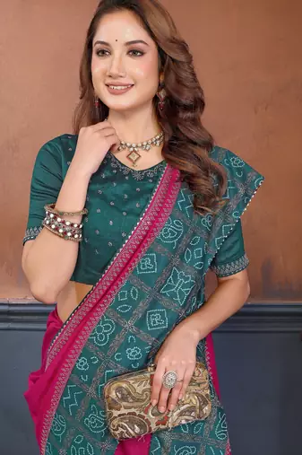 Pink vichitra silk bandhani patta stone work saree with contrast blouse piece