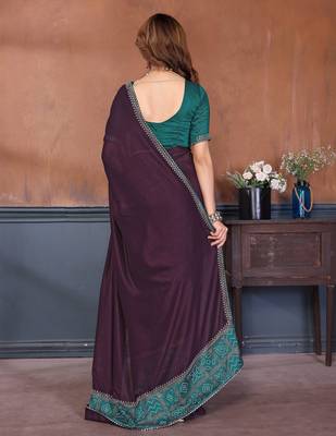 Wine vichitra silk bandhani patta stone work saree with contrast blouse piece 2