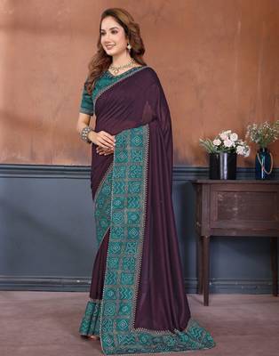 Wine vichitra silk bandhani patta stone work saree with contrast blouse piece 3