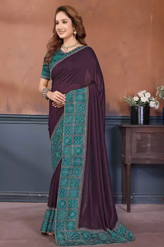Wine vichitra silk bandhani patta stone work saree with contrast blouse piece
