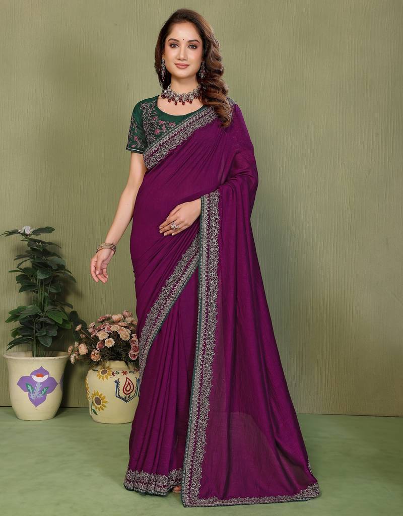 Purple vichitra silk embroiderd border work saree with contrast blouse piece