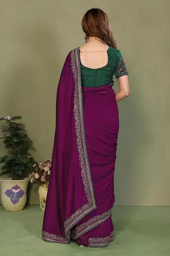 Purple vichitra silk embroiderd border work saree with contrast blouse piece