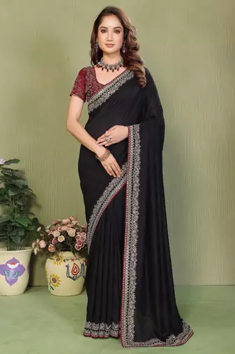 Black vichitra silk embroiderd border work saree with contrast blouse piece