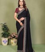 Black vichitra silk embroiderd border work saree with contrast blouse piece