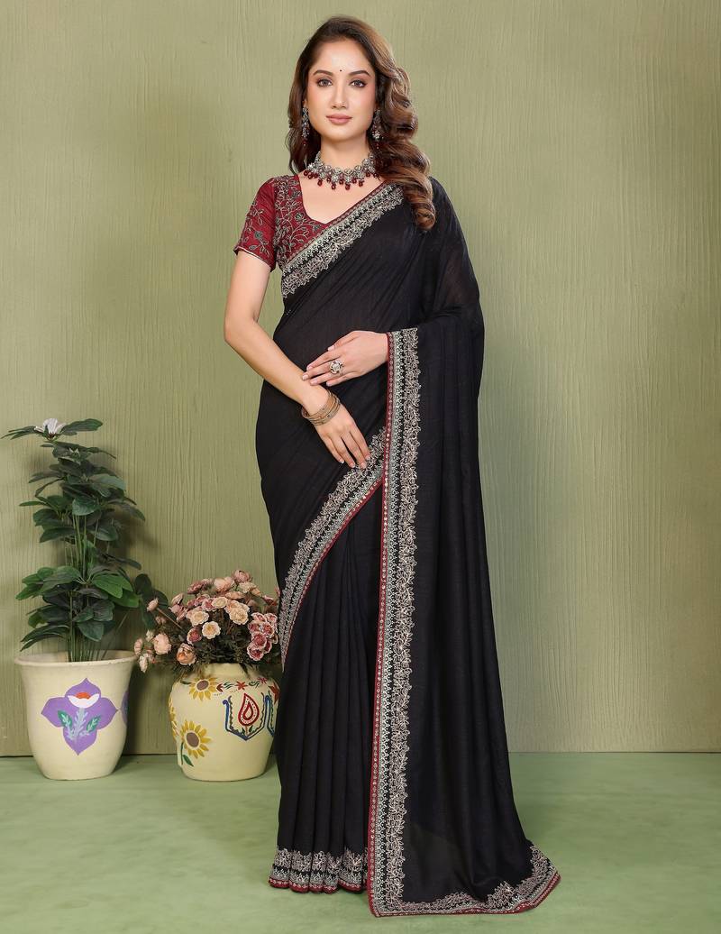 Black vichitra silk embroiderd border work saree with contrast blouse piece