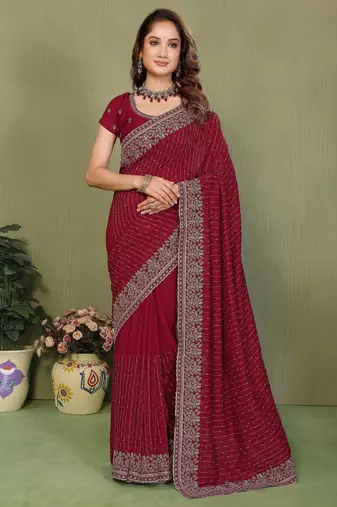Maroon vichitra silk embroidery jari work saree with matching blouse piece