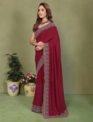 Maroon vichitra silk embroidery jari work saree with matching blouse piece 3
