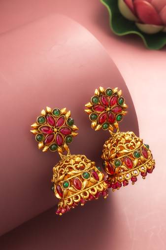 Aadita Traditional Gold-Tone Kundan Jhumka Earrings with Pink and Green Stones