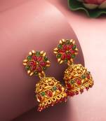 Aadita Traditional Gold-Tone Kundan Jhumka Earrings with Pink and Green Stones