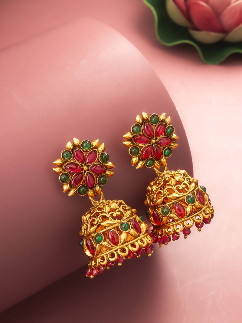 Aadita Traditional Gold-Tone Kundan Jhumka Earrings with Pink and Green Stones
