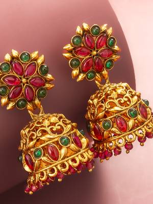 Aadita Traditional Gold-Tone Kundan Jhumka Earrings with Pink and Green Stones 2