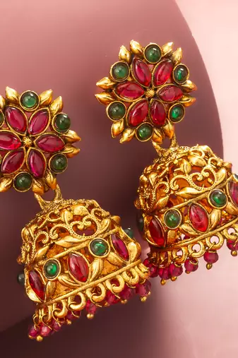 Aadita Traditional Gold-Tone Kundan Jhumka Earrings with Pink and Green Stones