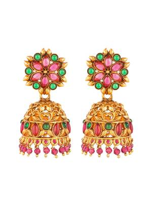 Aadita Traditional Gold-Tone Kundan Jhumka Earrings with Pink and Green Stones 3
