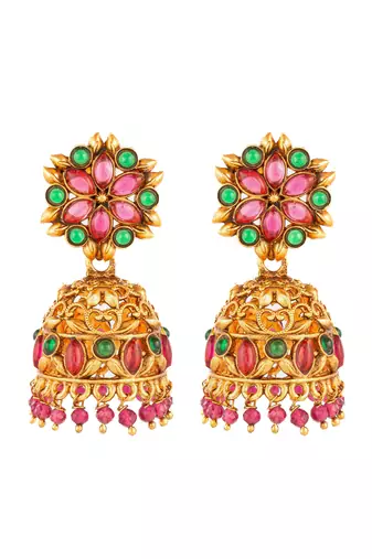 Aadita Traditional Gold-Tone Kundan Jhumka Earrings with Pink and Green Stones