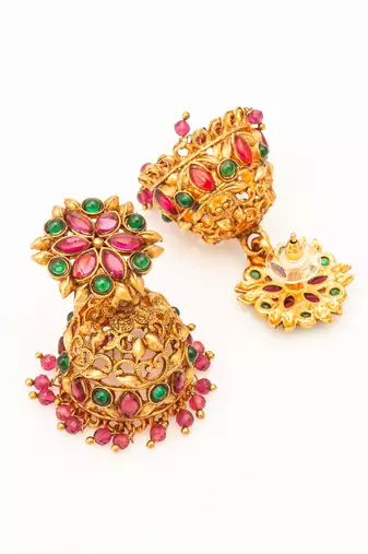 Aadita Traditional Gold-Tone Kundan Jhumka Earrings with Pink and Green Stones