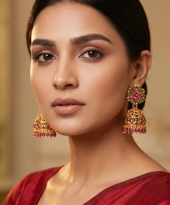 Aadita Traditional Gold-Tone Kundan Jhumka Earrings with Pink and Green Stones 6