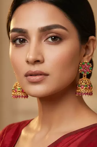 Aadita Traditional Gold-Tone Kundan Jhumka Earrings with Pink and Green Stones