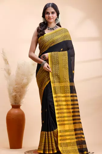 Black handloom saree with yellow traditional border & intricate weaving design