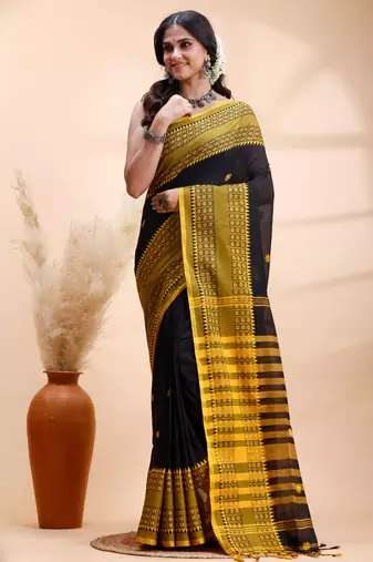 Black handloom saree with yellow traditional border & intricate weaving design